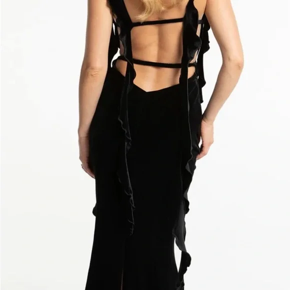 Nana Jacqueline Black Velvet Caroline Ruffle Maxi Holiday Dress - Picture 3 of 3